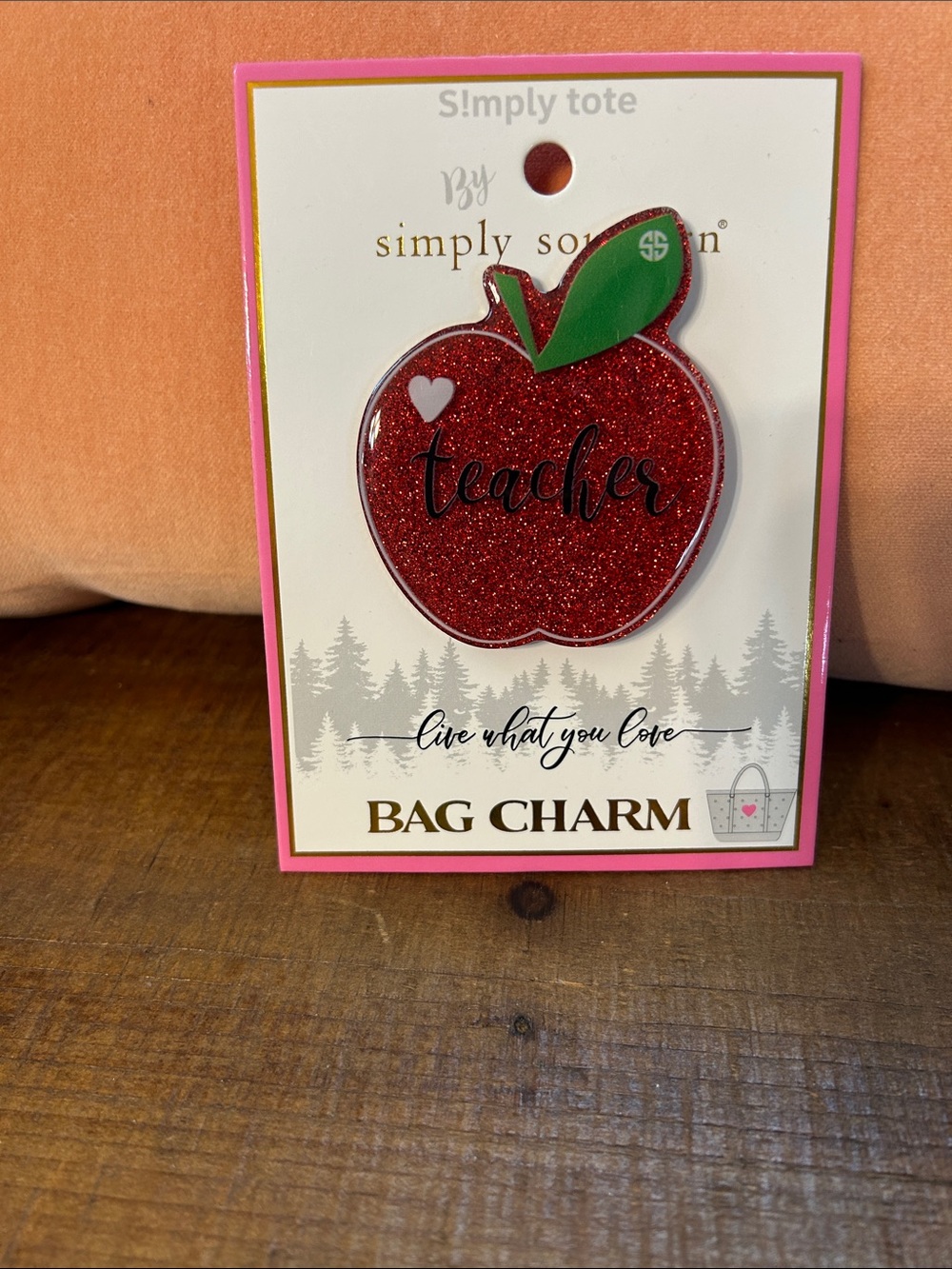 Simply Southern Red Glitter Apple Teacher Bag Charm with Green Leaf